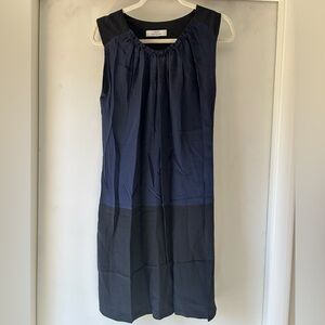 Shift dress - blue and black with black tie.